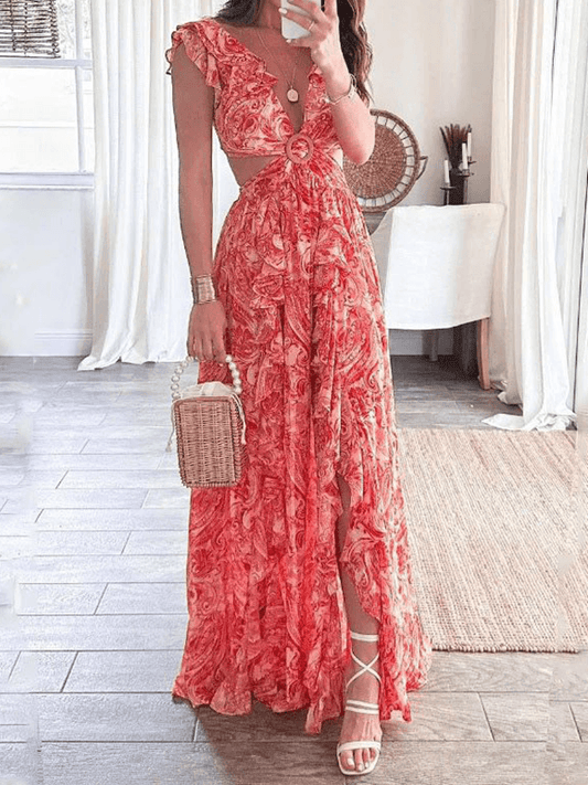 Inrosy robe longue imprimé à fleurie fenduà volantée dos nu v-cou sans manches élégant femme boho décontracté plage