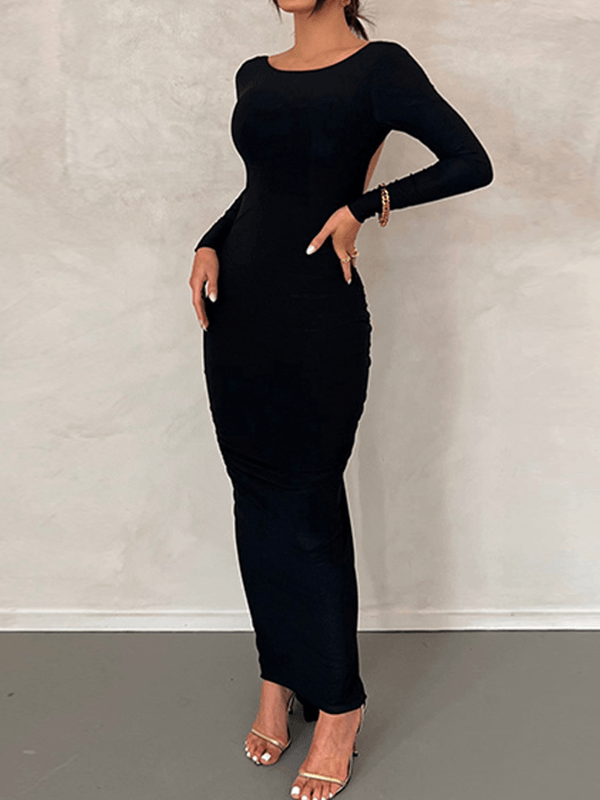 Inrosy robe longue moulante nœud décolleté dos dos nu col rond manches longues femme élégant de soirée