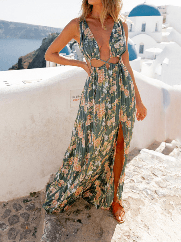 Inrosy robe longue imprime a fleurie fendu fluide noeud papillon dos nu sans manches femme boheme de plage inrosy