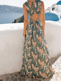 Inrosy robe longue imprimé à fleurie fendu fluide noeud papillon dos nu sans manches femme bohème de plage
