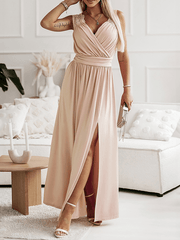 Inrosy robe longue dentelle fendu le côté fluide décolleté dos bretelle v-cou encolure en cœur sans manches femme élégant soirée