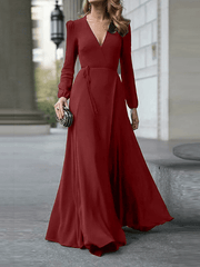 Inrosy robe longue fluide nœud ceinture v-cou manches longues femme élégant soirée bal de promo cérémonie