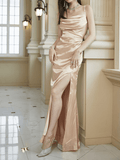 Inrosy robe longue moulante satin fendu dos nu à fines brides sans manches élégant de soirée pour mariage cocktail champagne