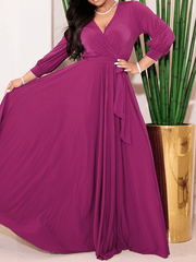 Inrosy robe longue fluide ceinture v-cou manches bishop manches longues femme casual élégant bal de promo automne