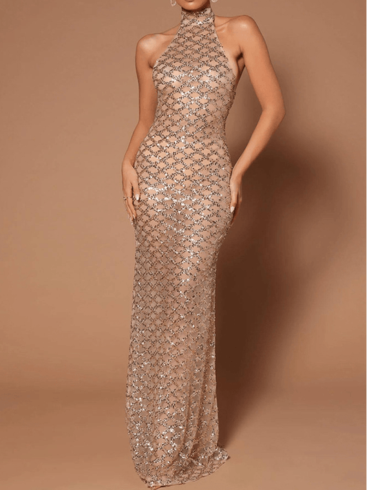 Inrosy robe longue moulante sirene brillante paillette dos nu licou sans manches femme élégant mode de soirée