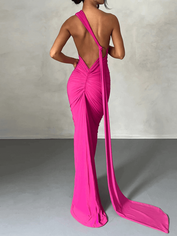 Inrosy robe dos benitier longue découpes moulante fluide nœud décolleté dos nu une épaule licou femme élégant de soirée