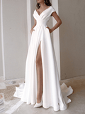 Inrosy robe longue v-cou fendu le côté fluide dos nu manches courtes femme élégant promo de soirée pour mariage