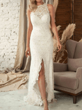 Inrosy robe longue moulante dentelle col rond sans manches élégant femme de soirée pour mariage cérémonie
