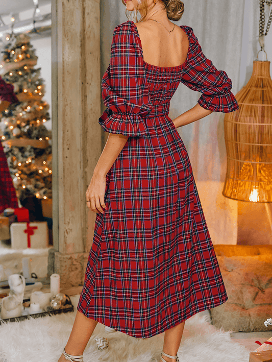 Inrosy robe longue trapèze carreaux à volantée noeud papillon col carré manches courtes femme doux mode décontracté noël