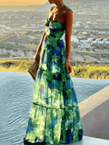 Inrosy robe longue mousseline tie and dye imprimé à fleurie découpes à volantée bustier dos nu sans manches élégant décontracté de plage