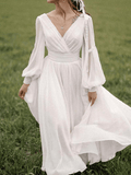 Inrosy robe longue mousseline dos nu v-cou manches longues casual doux mode de soirée pour mariage blanche