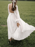 Inrosy robe longue mousseline dos nu v-cou manches longues casual doux mode de soirée pour mariage blanche