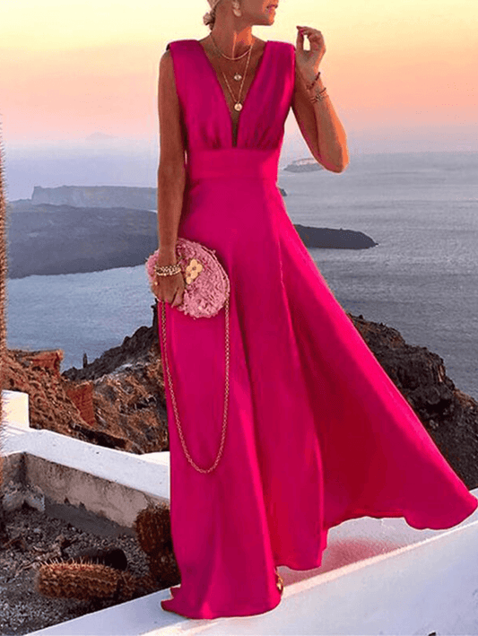 Inrosy robe longue mousseline dos nu bretelle décolleté plongeant sans manches élégant mode de soirée