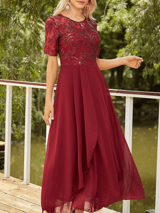 Inrosy robe demoiselle d'honneur mousseline plissé col rond manches courtes élégant mode femme de soirée pour mariage