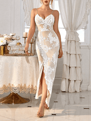 Inrosy robe longue brillante paillette moulante fleurie fendu beading dos nu à fines brides v-cou sans manches élégant mode de soirée