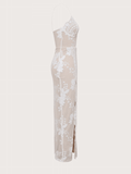 Inrosy robe longue brillante paillette moulante fleurie fendu beading dos nu à fines brides v-cou sans manches élégant mode de soirée