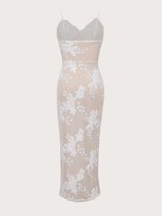 Inrosy robe longue brillante paillette moulante fleurie fendu beading dos nu à fines brides v-cou sans manches élégant mode de soirée