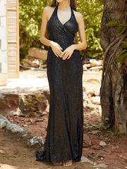 Inrosy robe longue brillante paillette moulante dos nu licou sans manches femme élégant mode soirée