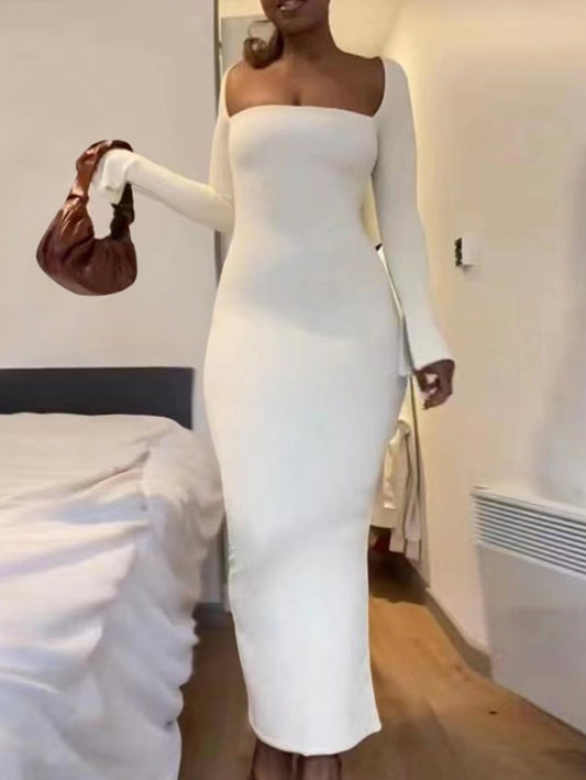 Inrosy robe longue moulante unicolore fendu bustier col carré manches fendues manches longues femme mode de promo