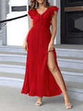 Inrosy longue robe mousseline fendu à volantée plissé dos nu v-cou sans manches femme élégant mode bal de promo