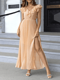 Inrosy longue robe mousseline fendu à volantée plissé dos nu v-cou sans manches femme élégant mode bal de promo