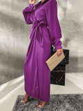 Inrosy robe longue en satin fendu le côté noeud papillon boutons col chemise manches longues élégant mode femme de soirée