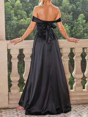 Inrosy robe longue satin fendu le côté col bateau sans manches élégant mode de soirée cérémonie