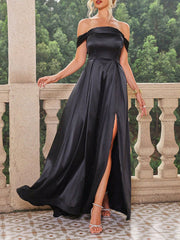 Inrosy robe longue satin fendu le côté col bateau sans manches élégant mode de soirée cérémonie