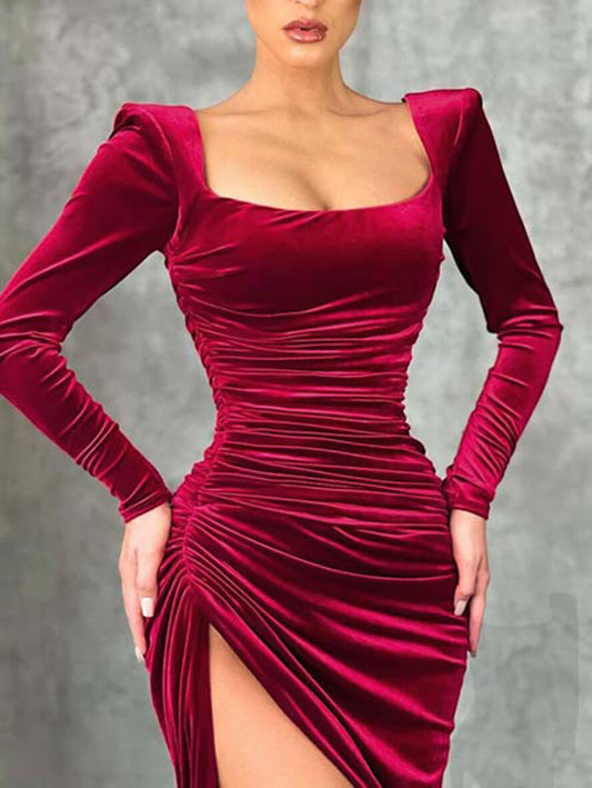 Inrosy robe longue fendu le côté fluide col carré manches longues élégant mode de soirée