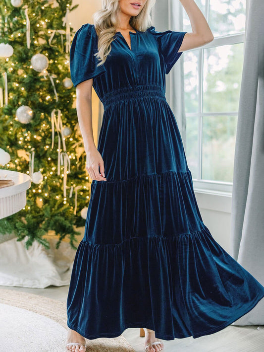Inrosy robe longue avec velours à volantée v-cou manches courtes élégant mode décontracté de soirée noël