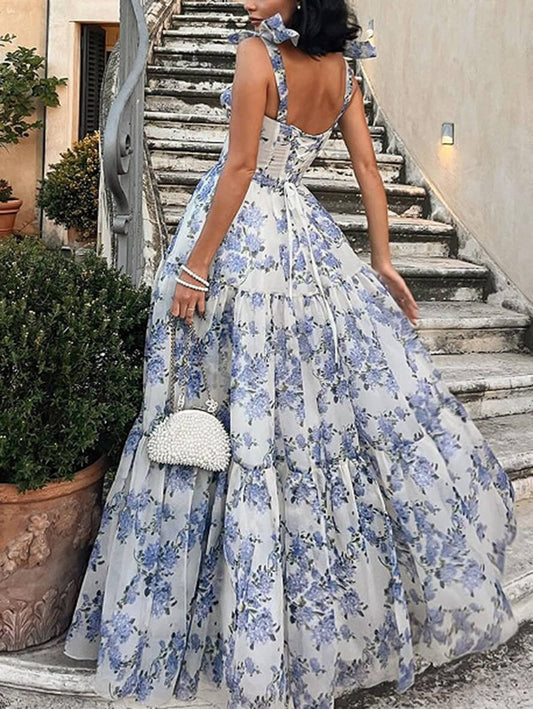 Inrosy robe longue imprimé à fleurie mousseline noeud papillon bustier sans manches élégant vintage de soirée promo