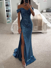 Inrosy longue robe bustier brillante paillette fendu le côté sirene col bateau sans manches élégant de soirée cérémonie