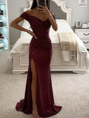 Inrosy longue robe bustier brillante paillette fendu le côté sirene col bateau sans manches élégant de soirée cérémonie