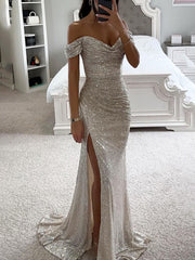 Inrosy longue robe bustier brillante paillette fendu le côté sirene col bateau sans manches élégant de soirée cérémonie