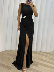 Inrosy longue robe fendu le côté fluide col rond sans manches femme élégant de soirée bal de promo
