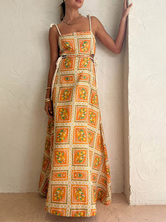 Inrosy robe longue imprimé citron découpes coulisse taille bustier à fines brides dos nu sans manches femme lâche décontracté de plage