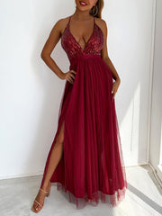 Inrosy robe longue brillante paillette tulle fendu le côté dos nu décolleté plongeant femme élégant de soirée
