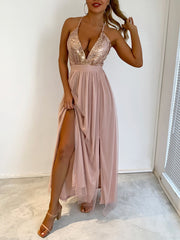 Inrosy robe longue brillante paillette tulle fendu le côté dos nu décolleté plongeant femme élégant de soirée