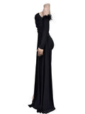 Inrosy longue robe moulante bustier fendu le côté plume manches longues femme élégant de soirée bal de promo