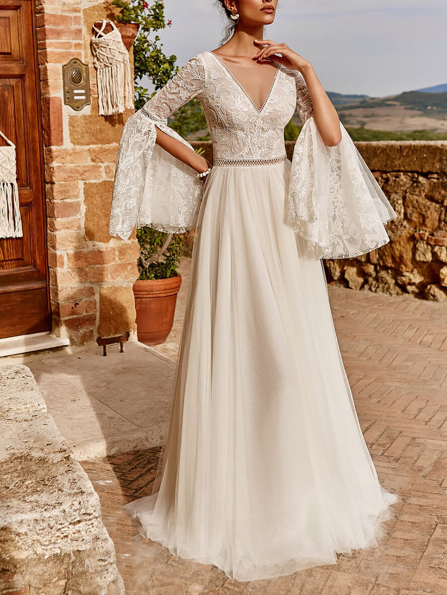 Inrosy robe longue v-cou dentelle tulle décolleté dos manches évasées fendues manches longues élégant de soirée pour mariage