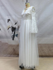 Inrosy robe longue v-cou dentelle tulle décolleté dos manches évasées fendues manches longues élégant de soirée pour mariage