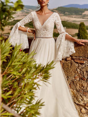 Inrosy robe longue v-cou dentelle tulle décolleté dos manches évasées fendues manches longues élégant de soirée pour mariage
