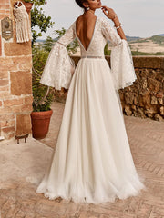 Inrosy robe longue v-cou dentelle tulle décolleté dos manches évasées fendues manches longues élégant de soirée pour mariage