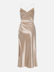 Inrosy longue robe satin fendu le côté dos nu à fines brides v-cou sans manches femme élégant de soirée