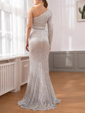 Inrosy robe longue moulante brillante paillette sirene une épaule manches longues femme élégant de soirée invité mariage