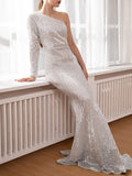 Inrosy robe longue moulante brillante paillette sirene une épaule manches longues femme élégant de soirée invité mariage