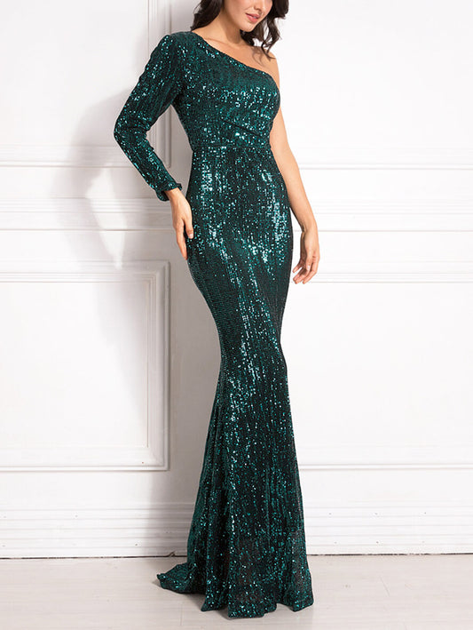 Inrosy robe longue moulante brillante paillette sirene une épaule manches longues femme élégant de soirée invité mariage