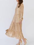 Inrosy robe longue brillante paillette à volantée v-cou manches longues femme élégant mode de soirée bal de promo