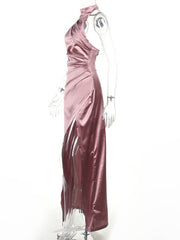 Inrosy robe longue en satin fendu le côté dos nu col montant licou sans manches femme élégant de soirée
