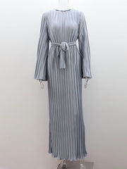 Inrosy robe longue plissé ceinture col rond manches trompette élégant femme décontracté de soirée pour mariage